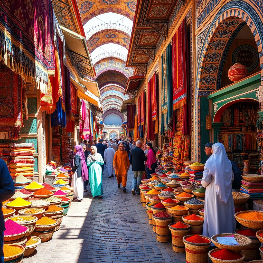 A vibrant, bustling Persian bazaar filled with colorful stalls selling spices, textiles, and handcrafted goods