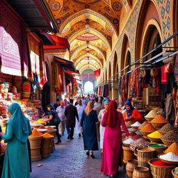 A vibrant, bustling Persian bazaar filled with colorful stalls selling spices, textiles, and handcrafted goods