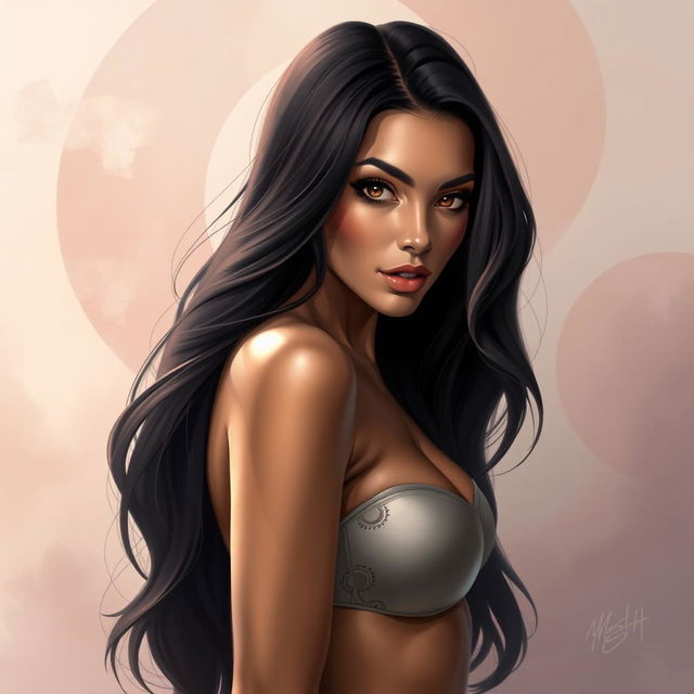 A stunning digital artwork of a glamorous, confident woman with long dark hair and striking features, inspired by Madison Beer