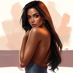 A stunning digital artwork of a glamorous, confident woman with long dark hair and striking features, inspired by Madison Beer