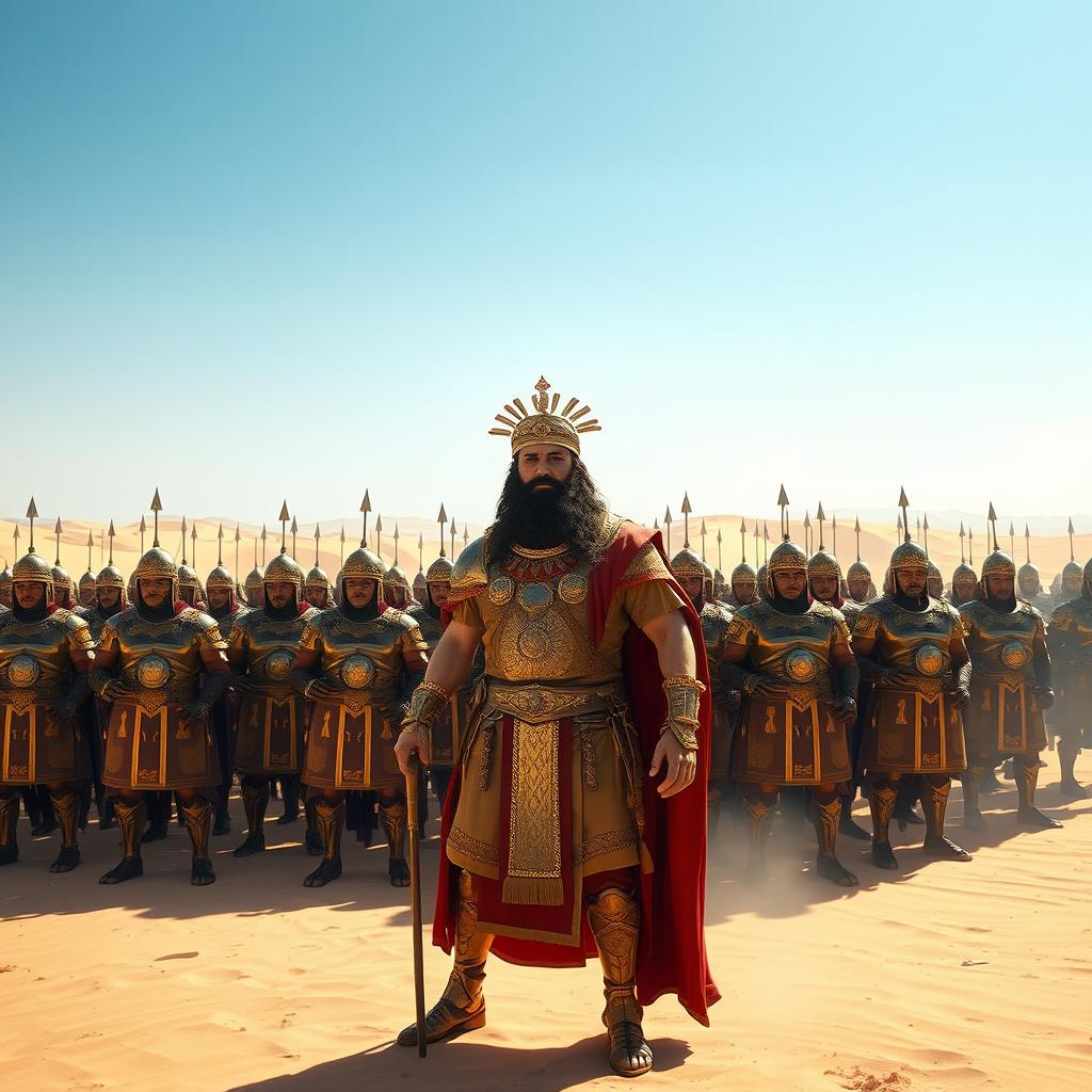 A grand and majestic scene of Cyrus the Great standing in a vast desert, with 10,000 armored soldiers of the Achaemenid Empire behind him, showcasing a powerful display of strength and unity