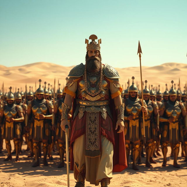 A grand and majestic scene of Cyrus the Great standing in a vast desert, with 10,000 armored soldiers of the Achaemenid Empire behind him, showcasing a powerful display of strength and unity