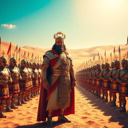 A grand and majestic scene of Cyrus the Great standing in a vast desert, with 10,000 armored soldiers of the Achaemenid Empire behind him, showcasing a powerful display of strength and unity