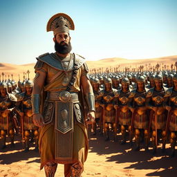 A grand and majestic scene of Cyrus the Great standing in a vast desert, with 10,000 armored soldiers of the Achaemenid Empire behind him, showcasing a powerful display of strength and unity