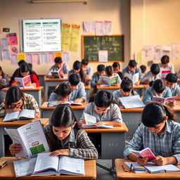 A collection of various Gaj educational tests, showcasing structured question formats, colorful covers of test books, and students studying intensely in a bright classroom setting