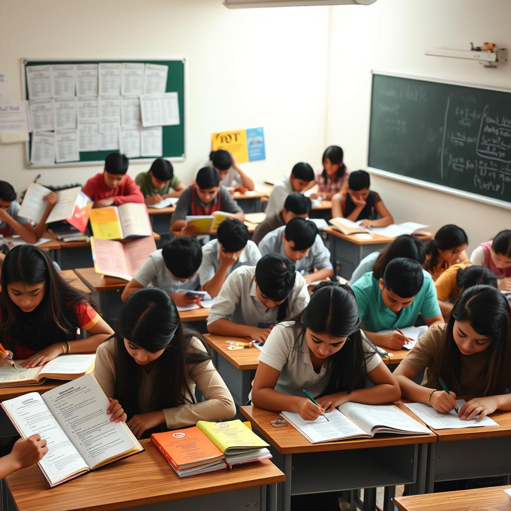 A collection of various Gaj educational tests, showcasing structured question formats, colorful covers of test books, and students studying intensely in a bright classroom setting