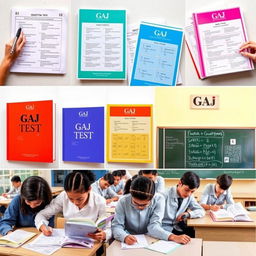 A collection of various Gaj educational tests, showcasing structured question formats, colorful covers of test books, and students studying intensely in a bright classroom setting