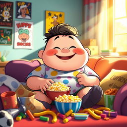 A chubby cartoon character sitting happily on a couch, surrounded by colorful snacks, with a bright smile
