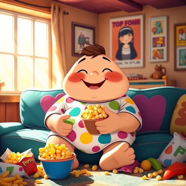 A chubby cartoon character sitting happily on a couch, surrounded by colorful snacks, with a bright smile