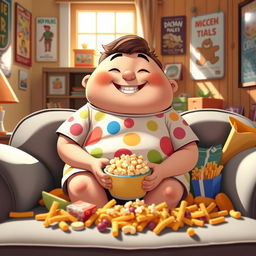 A chubby cartoon character sitting happily on a couch, surrounded by colorful snacks, with a bright smile