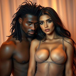 A striking and intimate scene featuring a handsome Black male with a confident demeanor leaning slightly towards a beautiful fair-skinned Indian woman