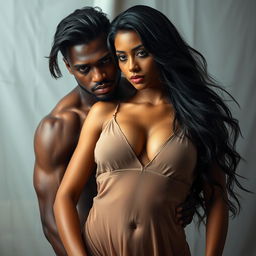 A striking and intimate scene featuring a handsome Black male with a confident demeanor leaning slightly towards a beautiful fair-skinned Indian woman
