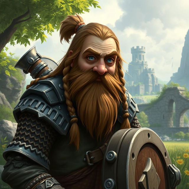 A dwarf cleric warrior with a broken nose, featuring braided brown hair and a braided beard, with cheerful steel-gray eyes