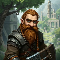 A dwarf cleric warrior with a broken nose, featuring braided brown hair and a braided beard, with cheerful steel-gray eyes