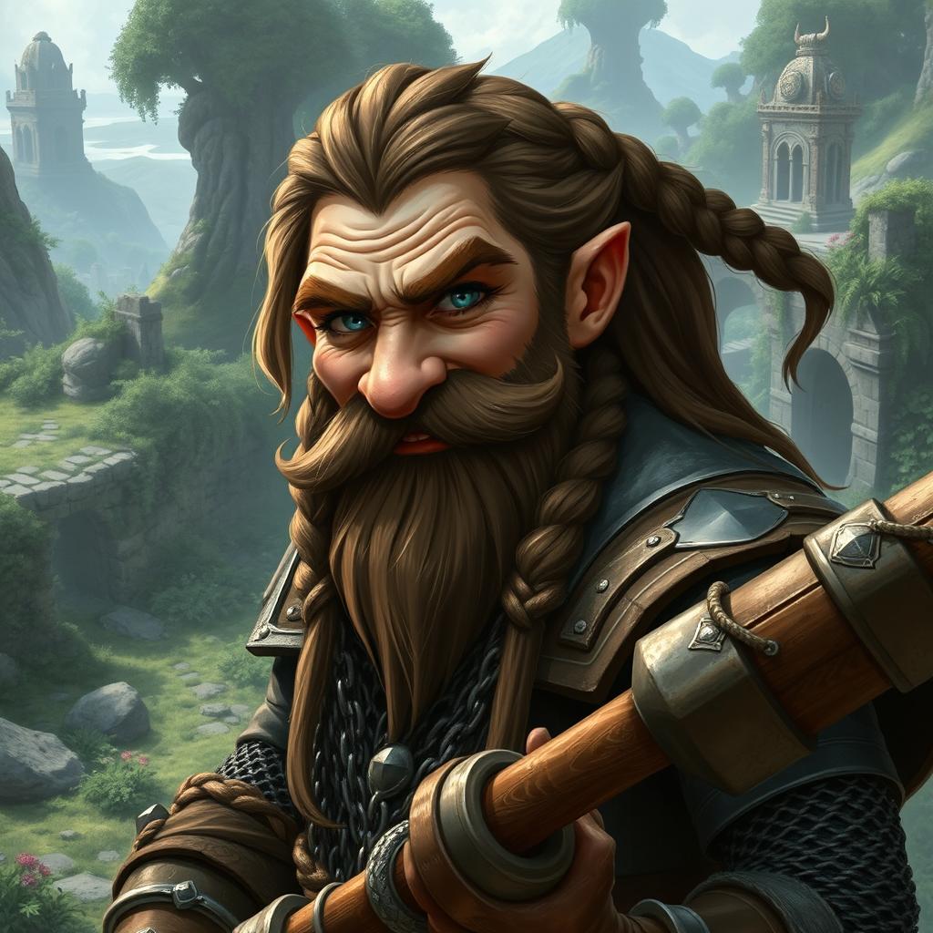 A dwarf cleric warrior with a broken nose, featuring braided brown hair and a braided beard, with cheerful steel-gray eyes