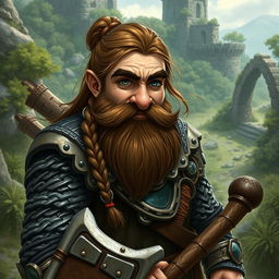 A dwarf cleric warrior with a broken nose, featuring braided brown hair and a braided beard, with cheerful steel-gray eyes