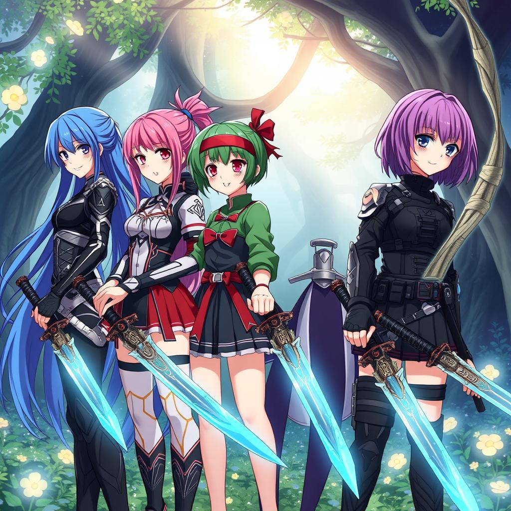 A captivating scene featuring four anime sister girls, each distinct in appearance and personality