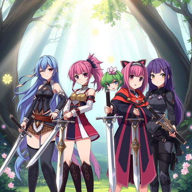 A captivating scene featuring four anime sister girls, each distinct in appearance and personality