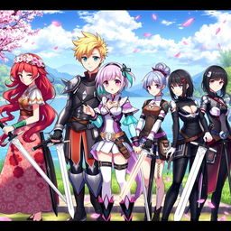 A vibrant and dynamic scene featuring six anime sister girls, each showcasing their unique personalities while holding swords in hand