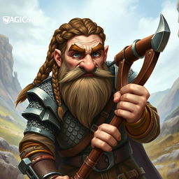 A dwarf cleric warrior with a broken nose, brown braided hair, a braided beard, and playful steel gray eyes