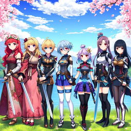 A vibrant and dynamic scene featuring six anime sister girls, each showcasing their unique personalities while holding swords in hand