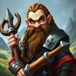 A dwarf cleric warrior with a broken nose, brown braided hair, a braided beard, and playful steel gray eyes