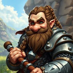 A dwarf cleric warrior with a broken nose, brown braided hair, a braided beard, and playful steel gray eyes