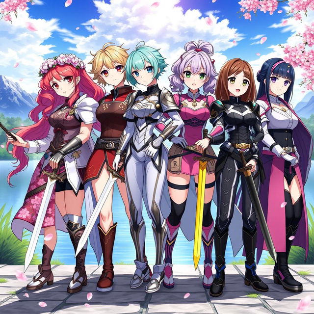 A vibrant and dynamic scene featuring six anime sister girls, each showcasing their unique personalities while holding swords in hand