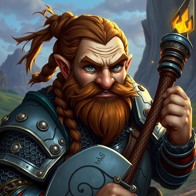 A dwarf cleric warrior with a broken nose, brown braided hair, a braided beard, and playful steel gray eyes