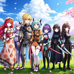 A vibrant and dynamic scene featuring six anime sister girls, each showcasing their unique personalities while holding swords in hand