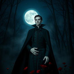 A dark, atmospheric scene featuring a charismatic vampire standing in a moonlit forest