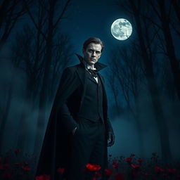 A dark, atmospheric scene featuring a charismatic vampire standing in a moonlit forest