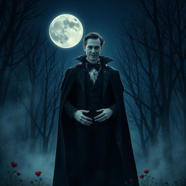 A dark, atmospheric scene featuring a charismatic vampire standing in a moonlit forest