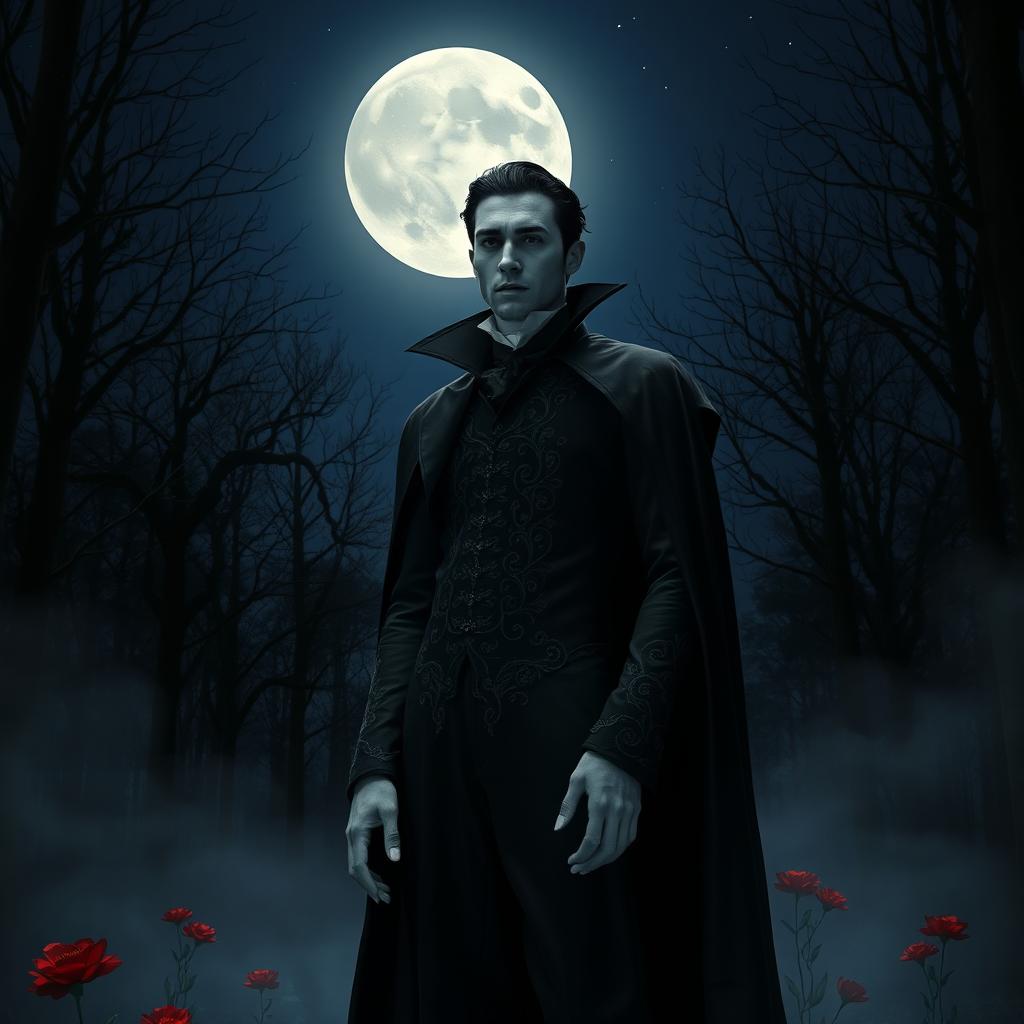 A dark, atmospheric scene featuring a charismatic vampire standing in a moonlit forest