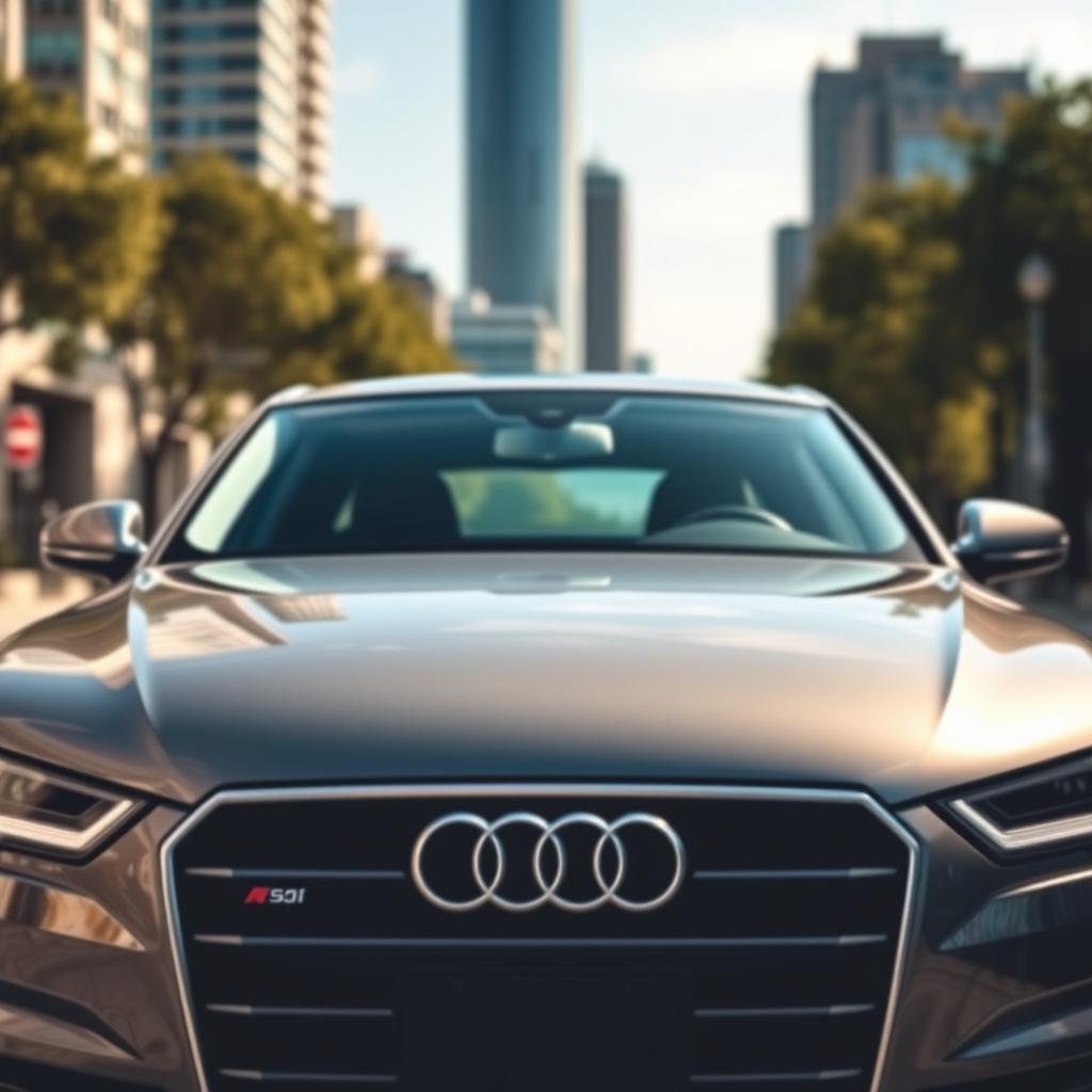 A sleek modern car prominently featuring an Audi logo on the front grille