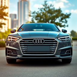 A sleek modern car prominently featuring an Audi logo on the front grille