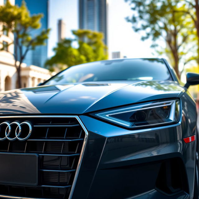 A sleek modern car prominently featuring an Audi logo on the front grille