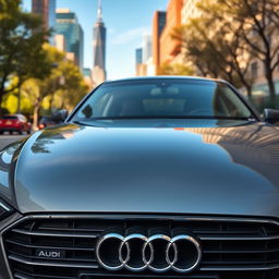 A sleek modern car prominently featuring an Audi logo on the front grille