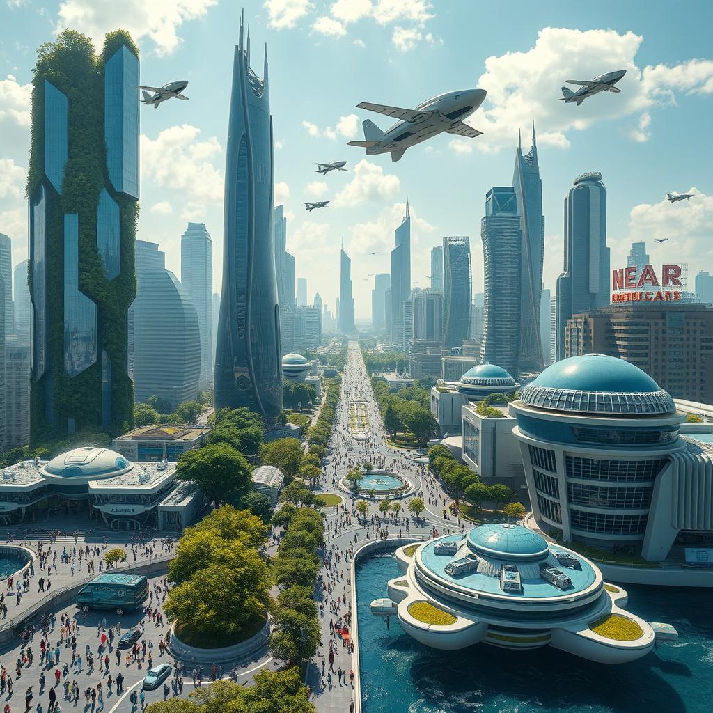 A futuristic landscape of Earth 1000 years in the future, showcasing advanced technology and eco-friendly architecture