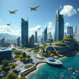 A futuristic landscape of Earth 1000 years in the future, showcasing advanced technology and eco-friendly architecture