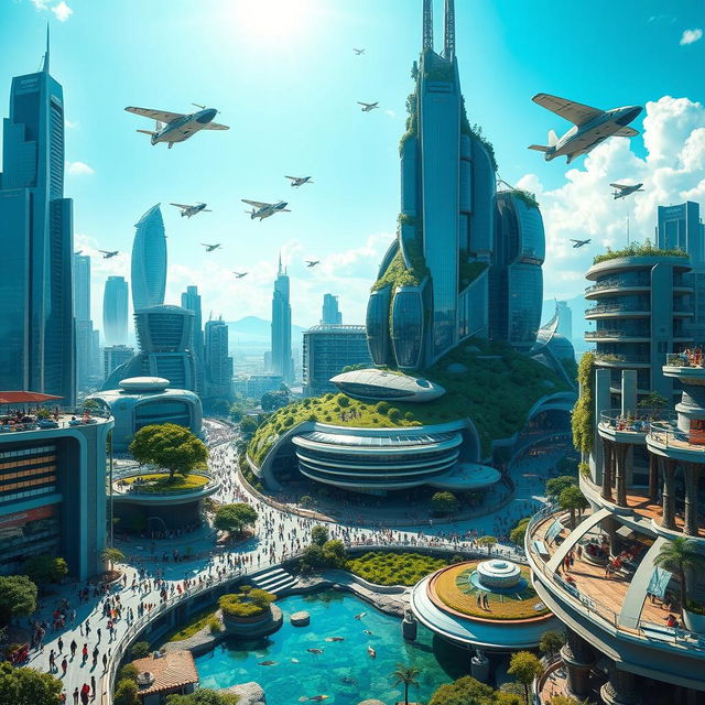 A futuristic landscape of Earth 1000 years in the future, showcasing advanced technology and eco-friendly architecture