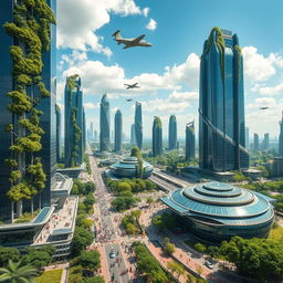 A futuristic landscape of Earth 1000 years in the future, showcasing advanced technology and eco-friendly architecture