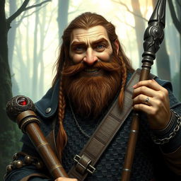 A dwarf cleric worshipping Marthammor Duin, with a broken nose, brown braided hair, and a braided beard