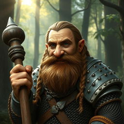 A dwarf cleric worshipping Marthammor Duin, with a broken nose, brown braided hair, and a braided beard