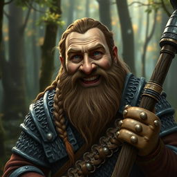 A dwarf cleric worshipping Marthammor Duin, with a broken nose, brown braided hair, and a braided beard