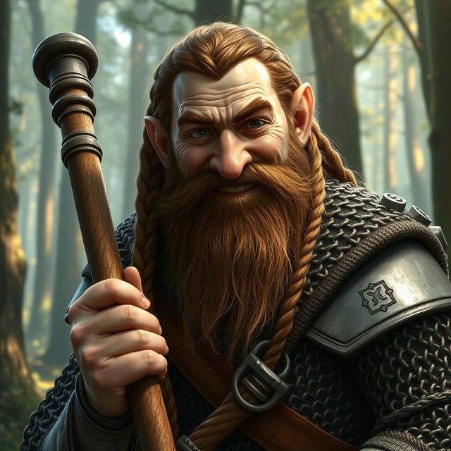 A dwarf cleric worshipping Marthammor Duin, with a broken nose, brown braided hair, and a braided beard