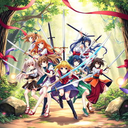 A vibrant and dynamic scene showcasing nine anime sister characters, each holding a sword, arranged in an action-packed pose