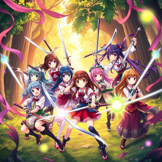 A vibrant and dynamic scene showcasing nine anime sister characters, each holding a sword, arranged in an action-packed pose