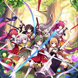 A vibrant and dynamic scene showcasing nine anime sister characters, each holding a sword, arranged in an action-packed pose