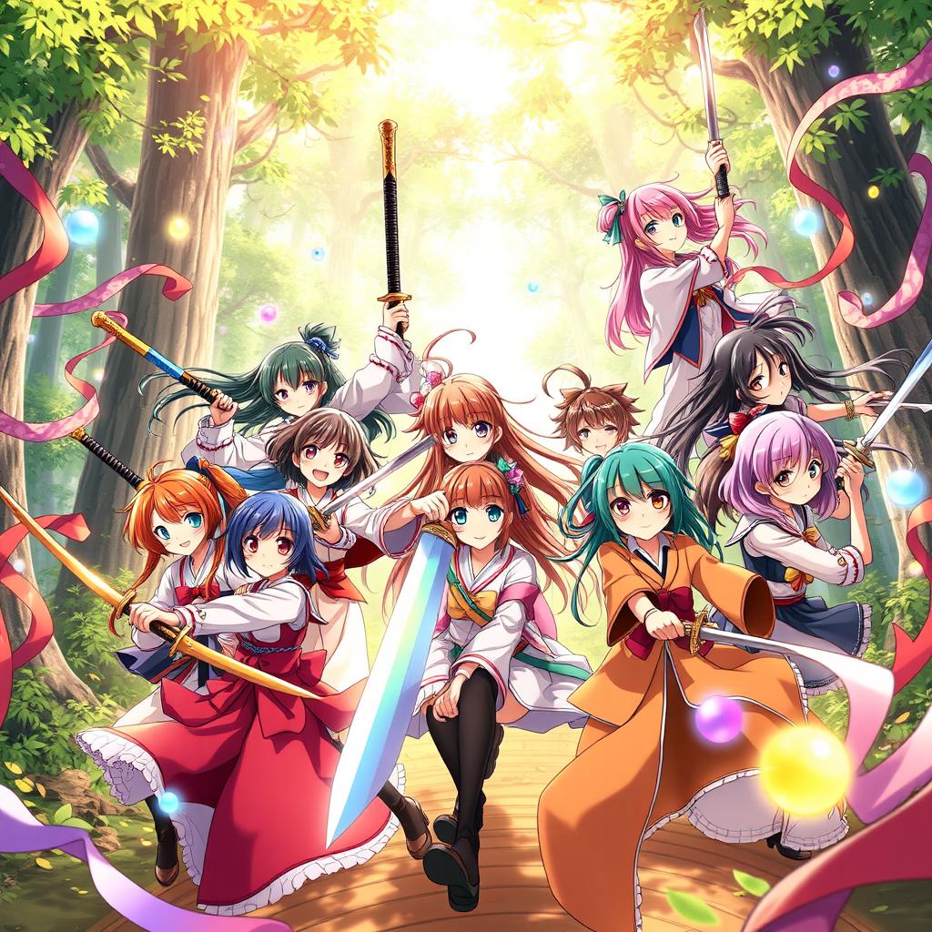 A vibrant and dynamic scene showcasing nine anime sister characters, each holding a sword, arranged in an action-packed pose